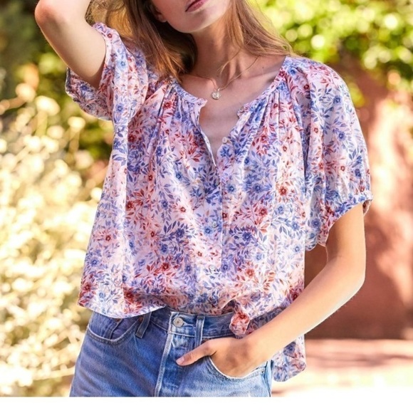 Fifteen Twenty Floral Short Puff Sleeve Button Up Peasant Top Size XS - Picture 4 of 9